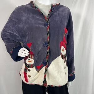 Vintage Blue Velvet Snowman Applique Jacket Fleece Lined Size Large